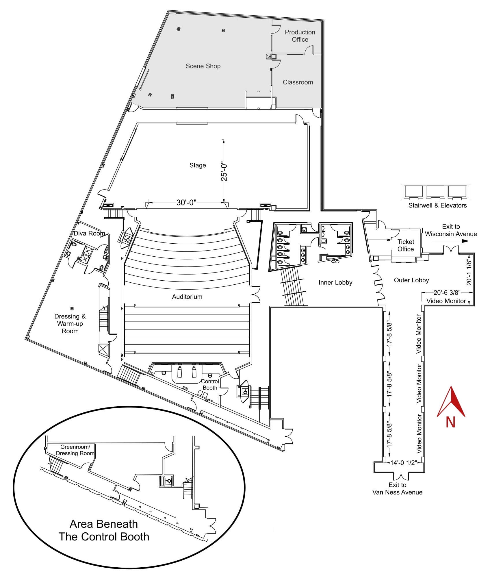 Greenberg Theatre ground plan. Specification details below