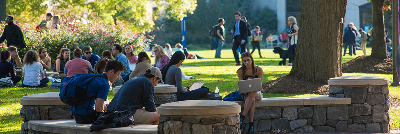 Students on AU Quad during a sunny day.