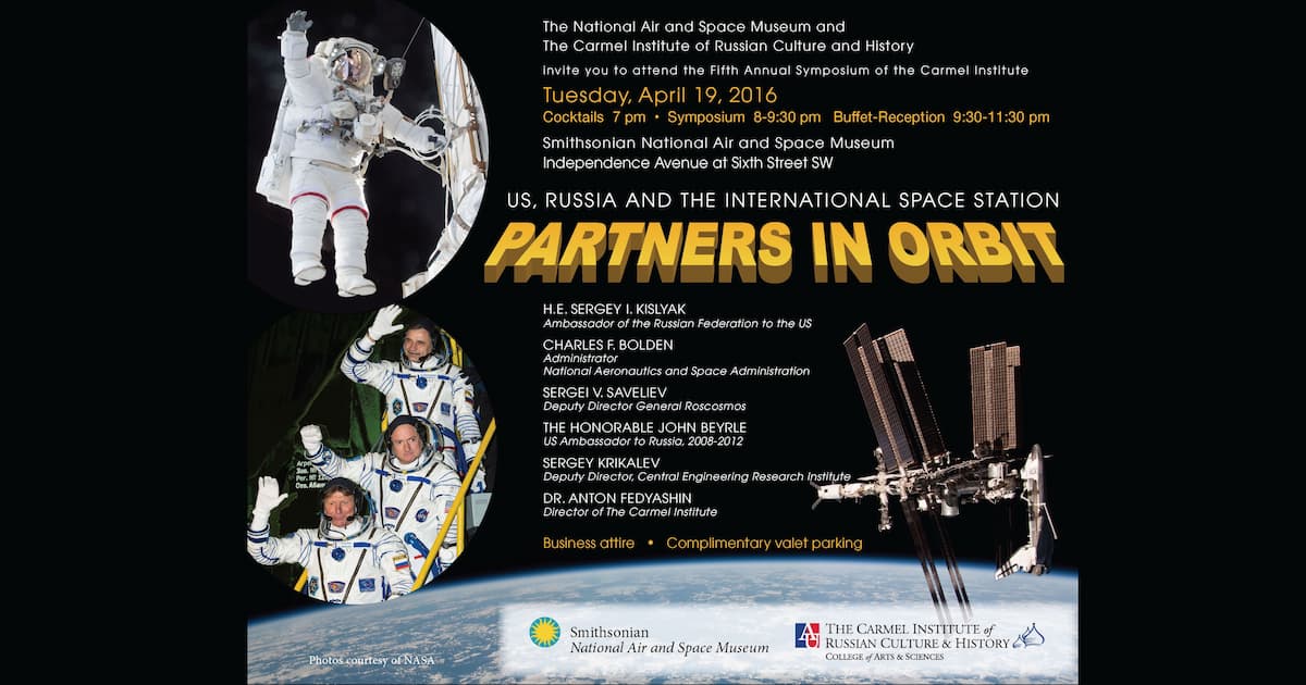 Original invitation for the Symposium, listing the symposium name and the speakers' names and with images of 2 astronauts and the International Space Station.