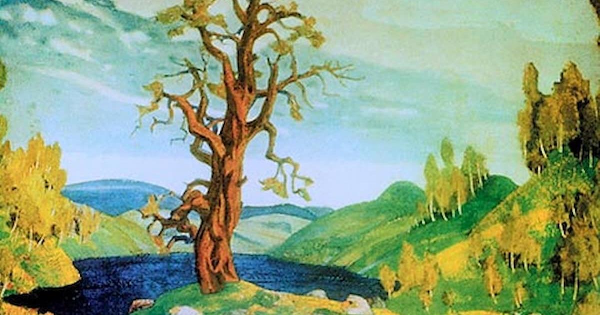 Roerich Rite of Spring pamphlet art of a tree by a lake in an impressionistic landscape.