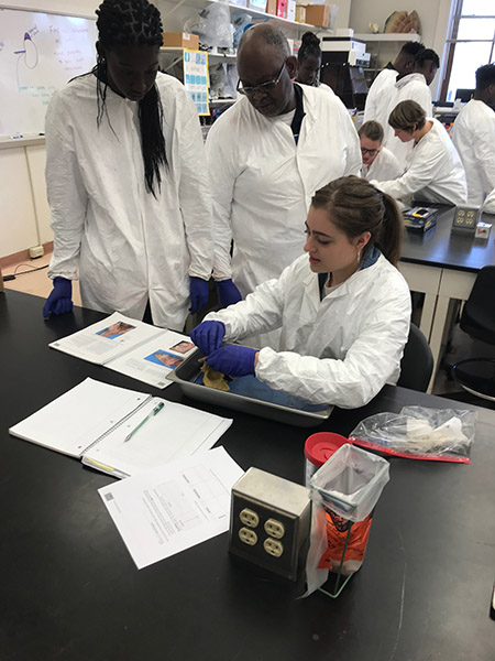 A teacher and two students in lab coats look at an experiment