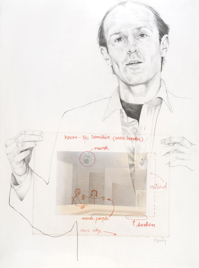 Portrait of Kevin MacDonald incorporating his drawing, Reflections, The Embassy by Michael Reidy