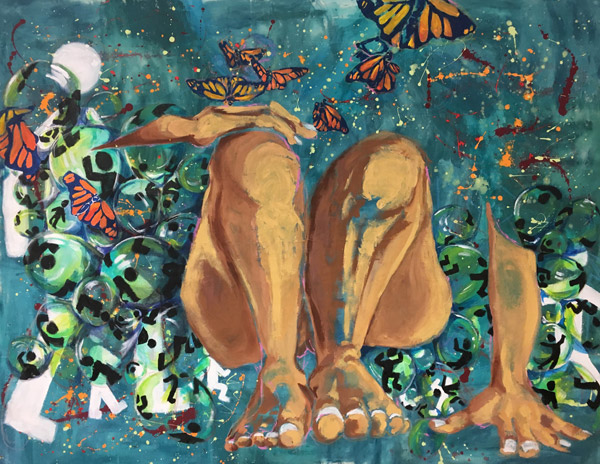 Bare legs, forearms, and hands obscured by a blue area and monarch butterflies