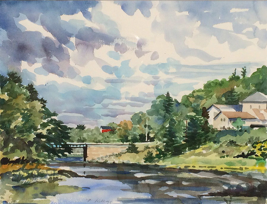 Watercolor of a bridge on a river between two green hills, under a big sky.