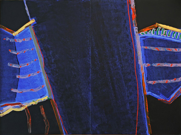Abstract work. On a black background run slanted blue field, set off by thick green and yellow lines, thin red lines, and small red dashes.