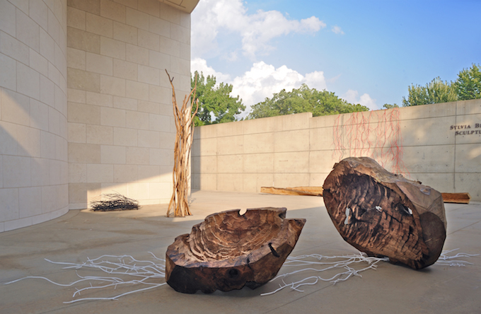 Contemporary installation with wood and metal vine-like structures in an outdoor sculpture garden