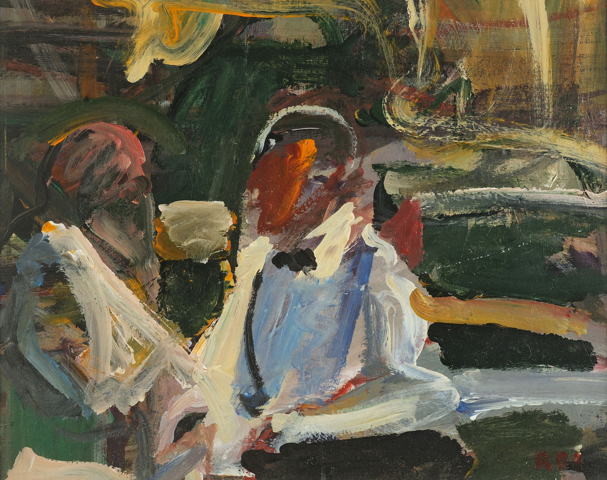 Abstract, colorful work. A man and woman sit side by side, torsos turned to each other