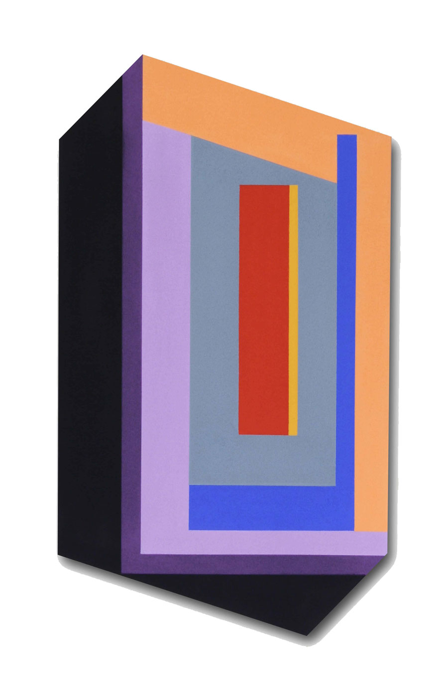 Concentric, colorful rectangles that give the effect of an illogical three-dimensional portal on a prism-shaped canvas.