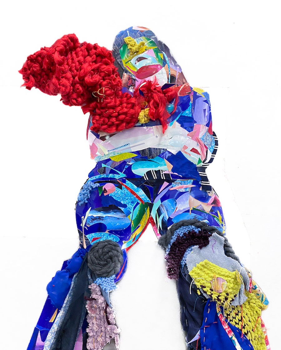Katie Hartley, Burnt Out, 2021. Photographs, fabric, and yarn on paper, (brightly colored, three dimensional collage that resembles a person)
