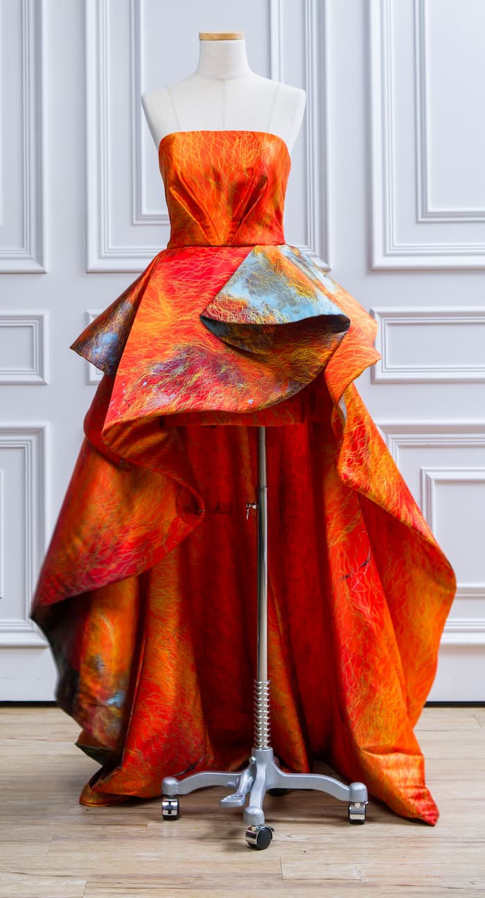 Leigh Wen, Fire Dress, 2016. Fabric, 68 x 25 x 13 inches. Courtesy of the artist.