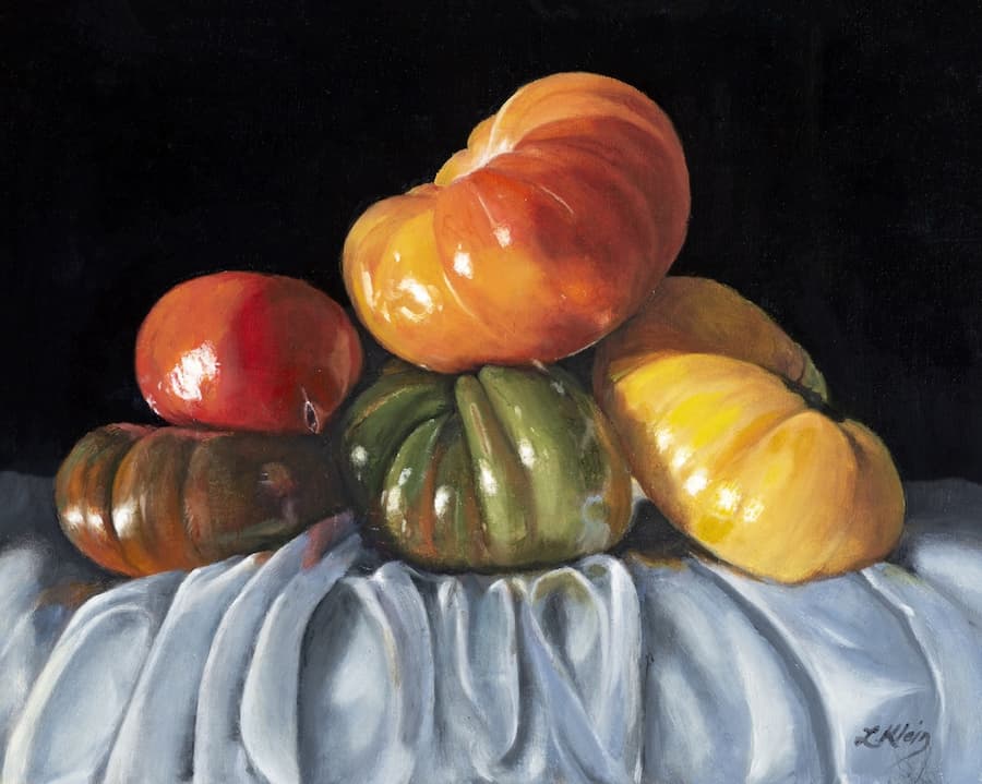 Lillian Klein Abensohn, Tomato Orgy, 2021-22. Oil on Belgian linen panel, 18 x 21 inches. Courtesy of the artist.