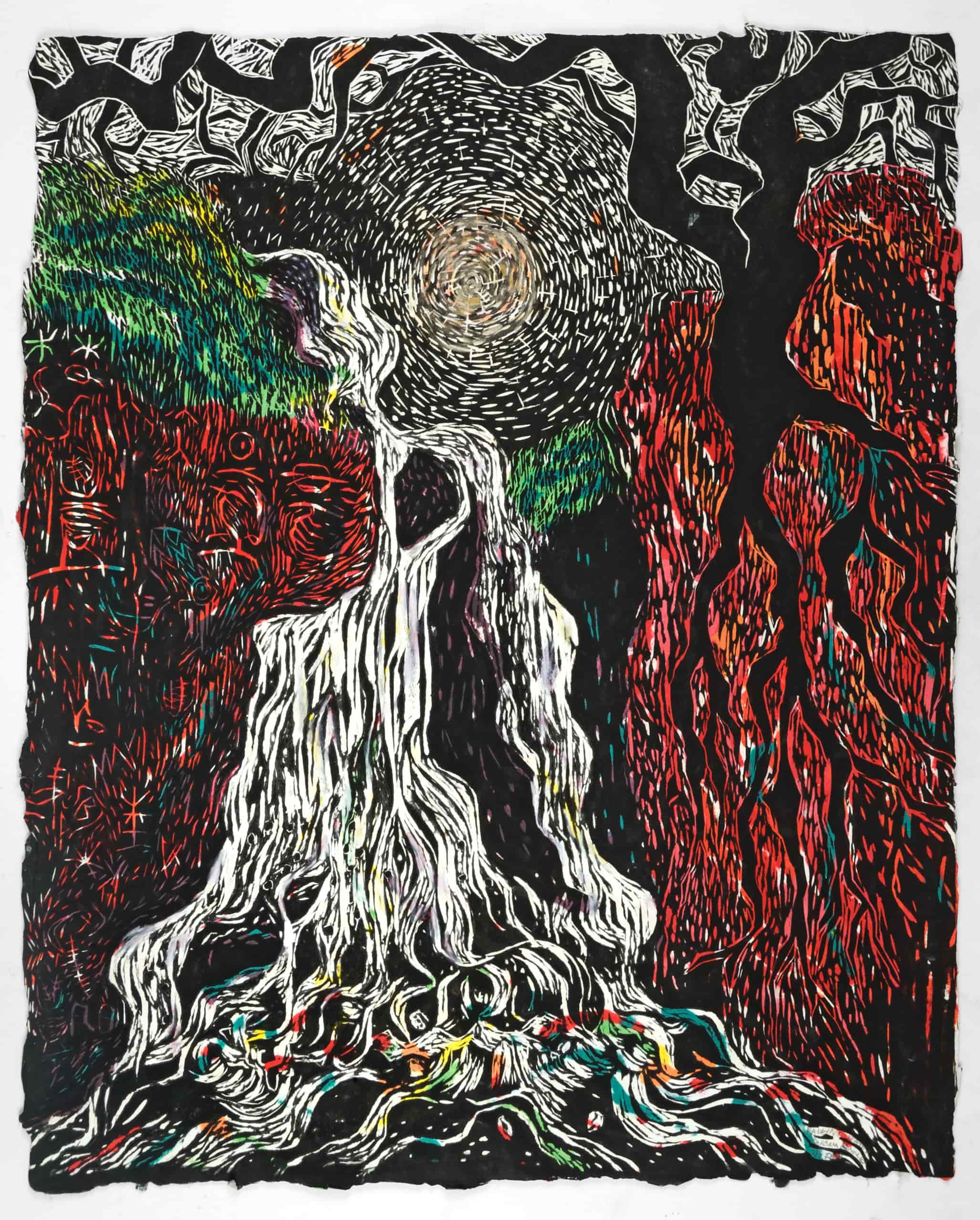 Barbara Kerne, Falling Water, 2014.  Woodcut, artist made paper, 31 x 24 inches.
