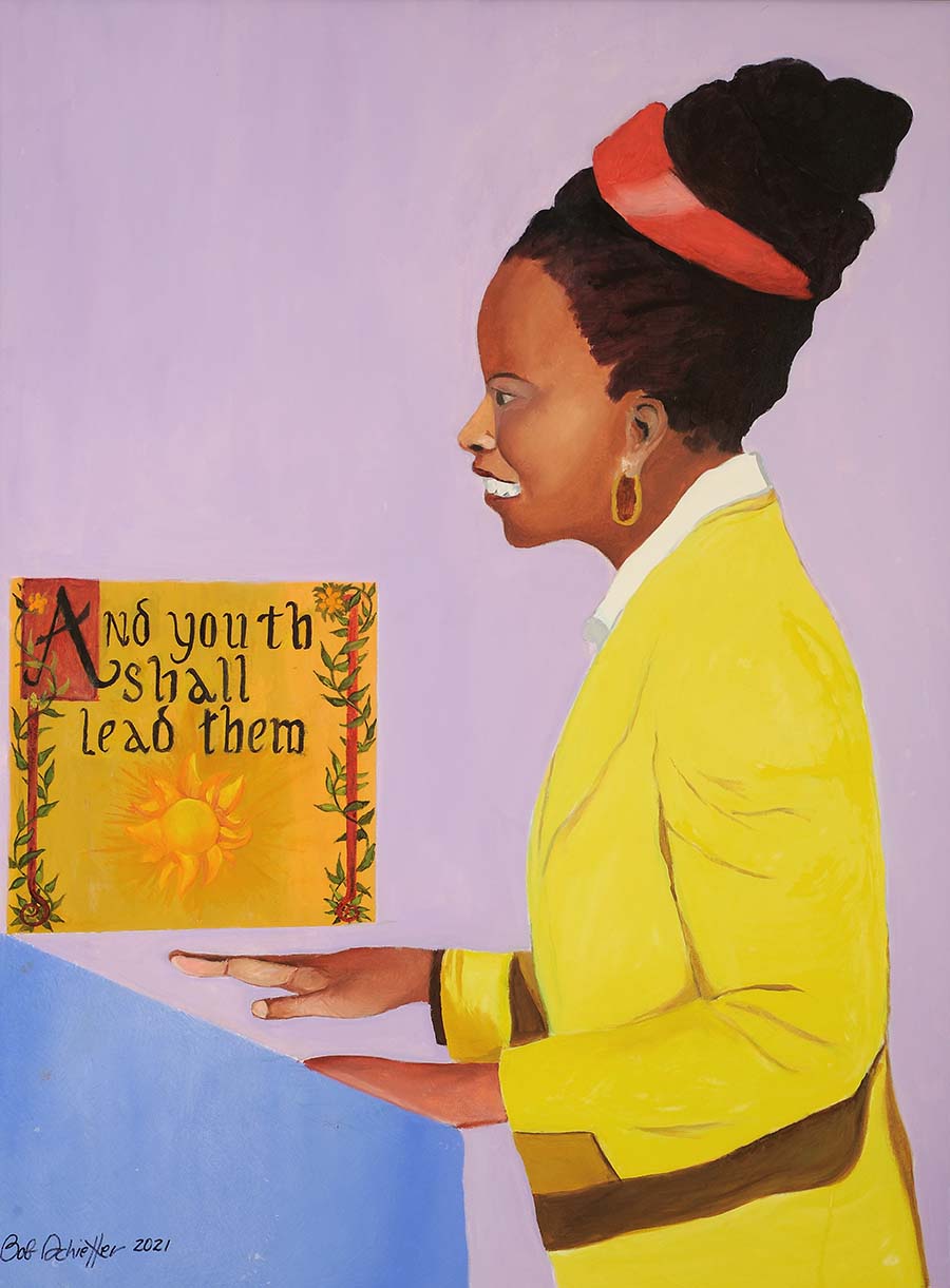 Painting by Bob Schieffer of Youth Poet Laureate Amanda Gorman that reads "And youth shall lead them"