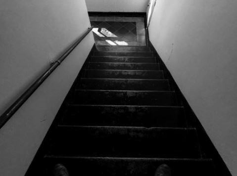 Stairway up, black and white photo.