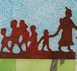 Silhouette of family walking.