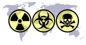 Hazard symbols on a map of the world