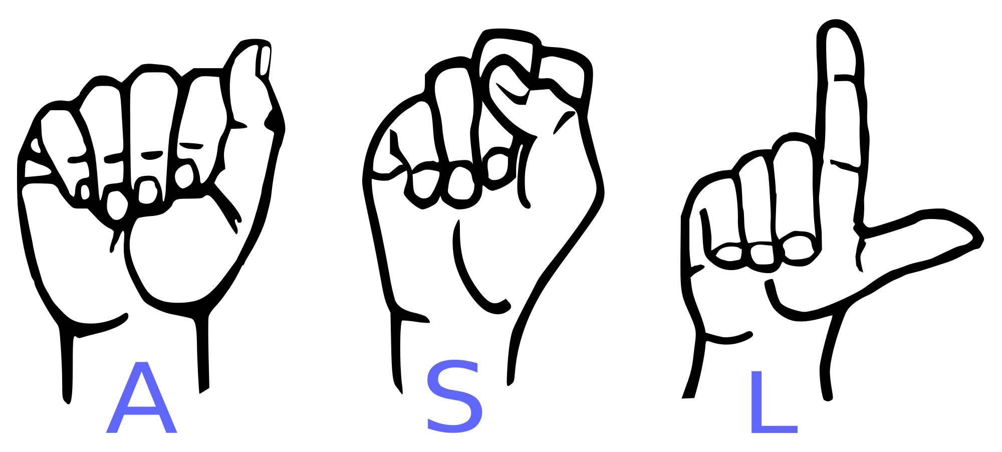 Drawing of three hands spelling out ASL in sign language.