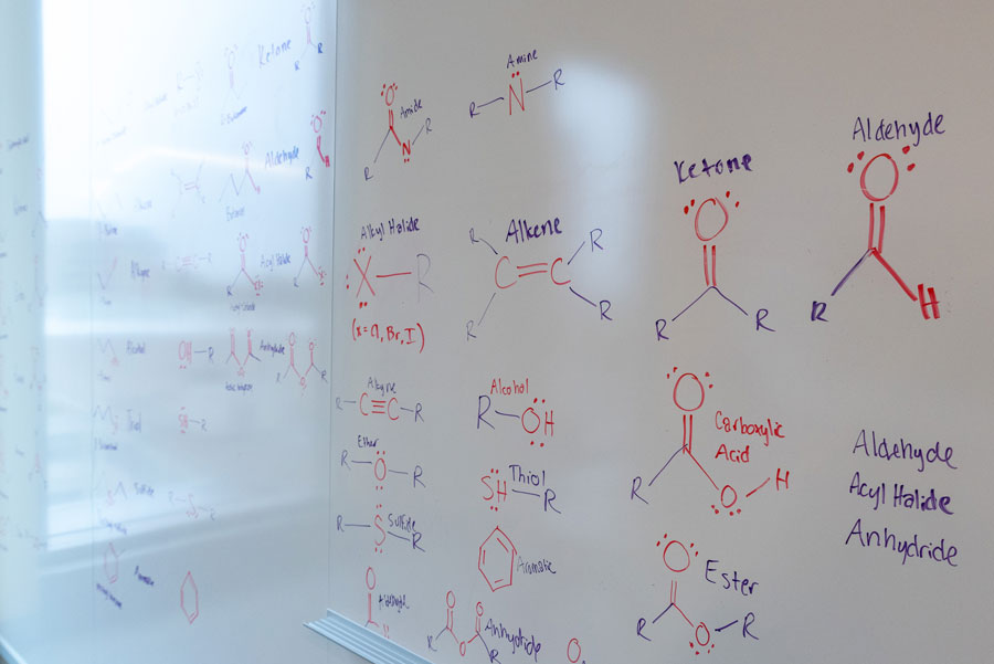 Diagram of functional groups on dry erase board