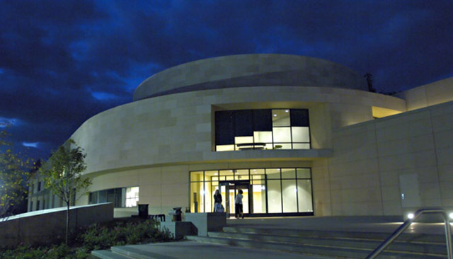 Katzen Arts Center rotunda entrance at night.
