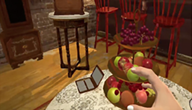A digitally rendered image of a hand reaching towards a fruit bowl in a dining room setting.