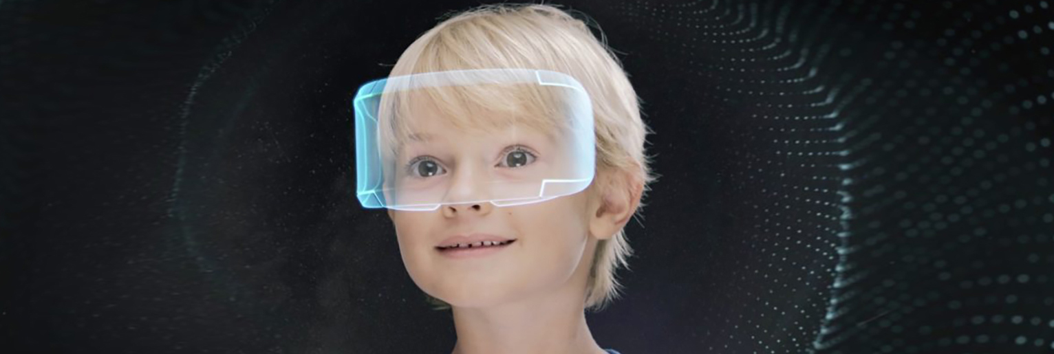 A child in a VR headset, in a digitized background.