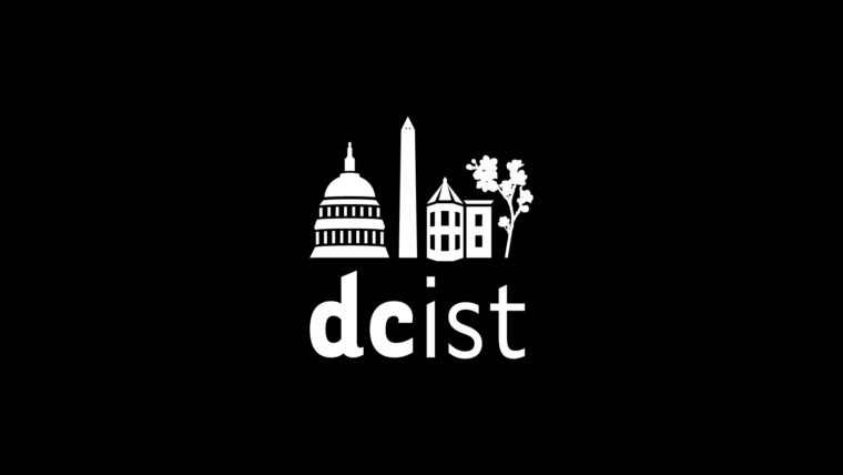 A black and white illustration showing the Capitol and other DC buildings, and the words DCist