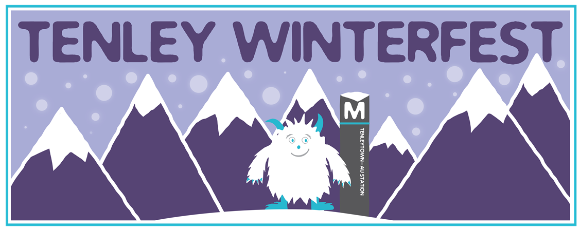 An illustration of a yeti, with mountains in the background, a metro sign for Tenleytown, and the words, "Tenley Winterfest"