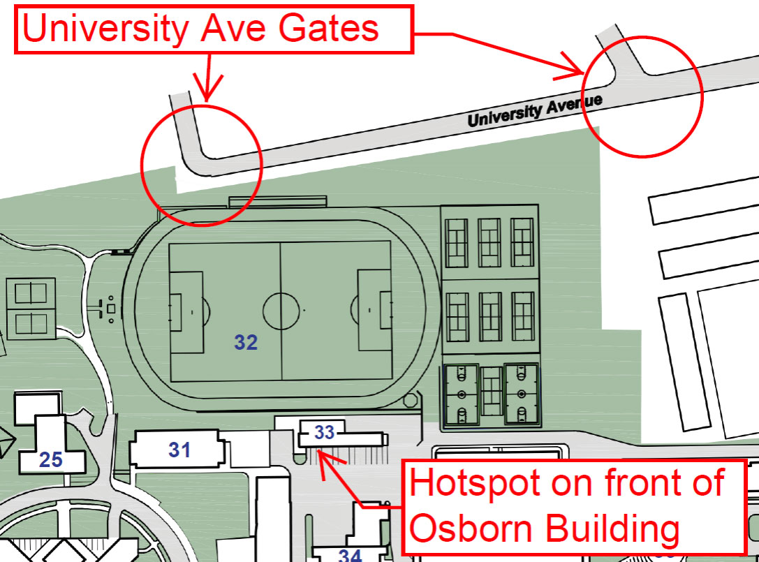 Map showing gates requiring fob access, as well as the fob update hotspot location in front of the Osborn building