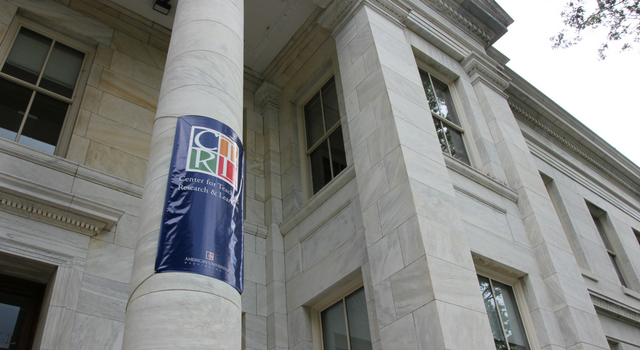 Center for Teaching, Research, & Learning banner in front of Hurst Hall