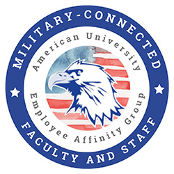 Military Connected Faculty and Staff, American University Affinity Group. Eagle in front of a water color USA flag