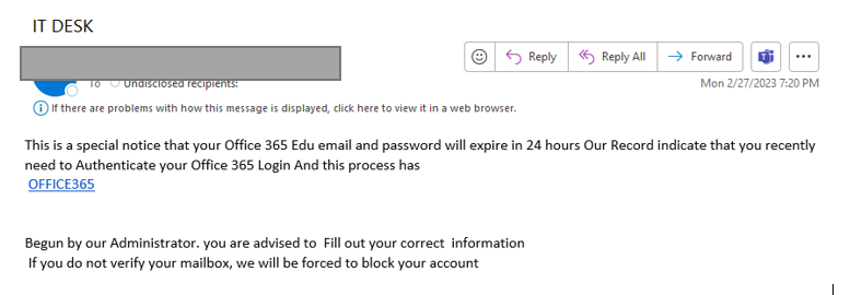 Your O365 email will expire in 24 hours. Fill out your correct information or we will block your account