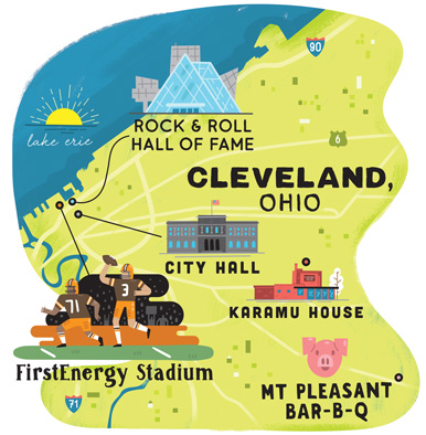 An illustrated map of Cleveland, featuring city hall, the rock and roll hall of fame, firstenergy stadium, karamu house, and mt pleasant bar-b-q