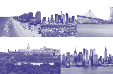 skylines of five cities where AU has held campaign events