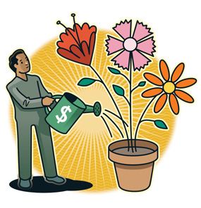 man watering a pot of flowers