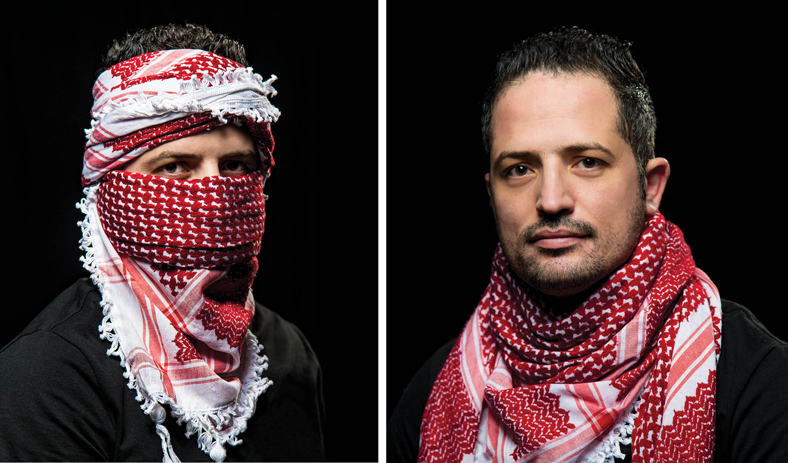 Side by side pictures of Deyaa Alrwishdi wearing a red keffiyeh over his face and on his shoulders
