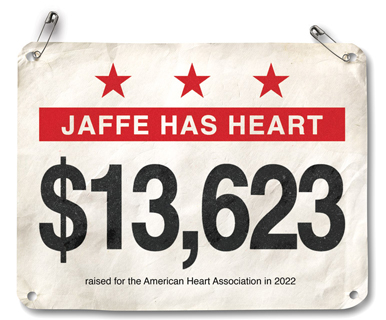 racing bib that says Jaffe raised $13,623 for the AHA