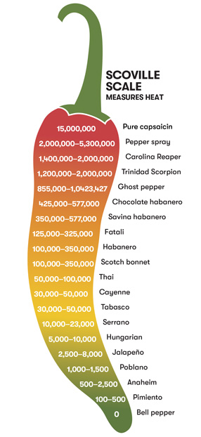 A scale in the shape of a pepper shows the Scoville measurements of 20 peppers