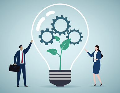 business people with a lightbulb with a plant in the middle