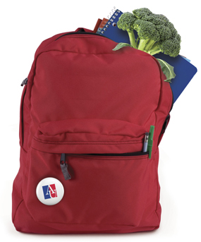 Broccoli sticks out of a red backpack