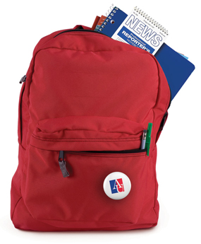 red backpack with a reporter's notebook sticking out