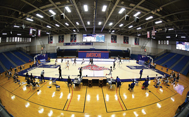 Wide-angle shot of an empty arena during AU's first men's basketball home game