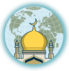 illustration of a mosque in front of a globe