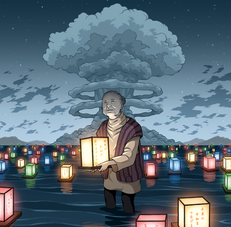 Illustration of an elderly person holding a lantern in a river, with a mushroom cloud behind them