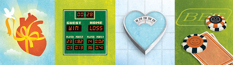 human heart, scoreboard, scale, poker table