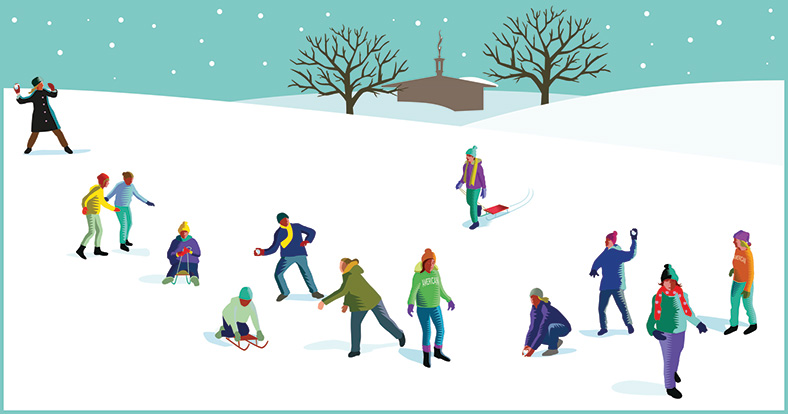 illustration of people playing in the snow on campus