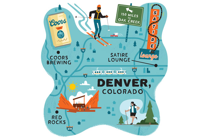 map of Denver with a Coors can, hiker, skier, and Red Rocks