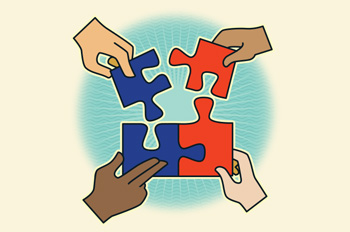 diverse hands piecing together a puzzle