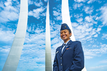 Alexis de Silva stands in front of the Air Force Memorial in Arlington