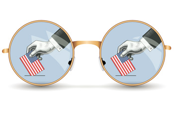 An illustrated pair of glasses shows a ballot being cast