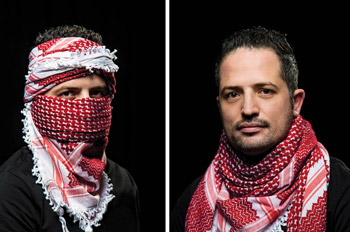 Side by side pictures of Deyaa Alrwishdi wearing a red keffiyeh over his face and on his shoulders